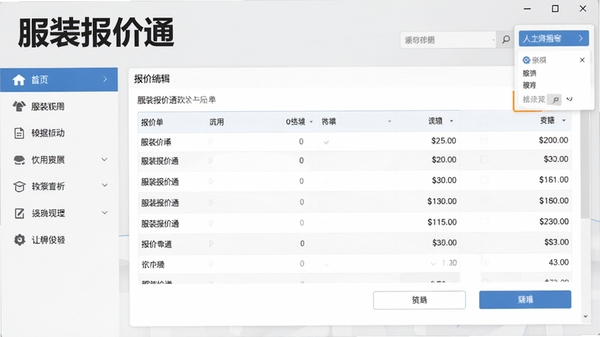 服装报价通软件主界面预览图,展示清晰的报价单编辑区域和左侧功能导航栏,整体设计简洁商务,背景为浅灰色调,软件名称“服装报价通”醒目地显示在界面左上角,画面比例16:10,风格专业且现代
