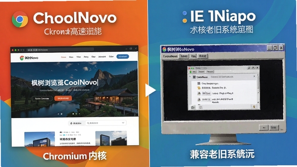 枫树浏览器CoolNovo双核切换功能演示图,左侧展示Chromium内核高速加载现代网页,右侧展示IE内核兼容老旧系统,画面采用分屏对比设计,色彩鲜明
