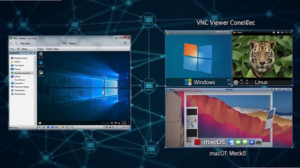 VNC Viewer跨平台连接示意图,画面左侧为VNC Viewer软件窗口,右侧显示连接至不同操作系统(Windows、Linux、macOS)的远程桌面,以分屏方式展示,背景为网络拓扑图,体现软件的多系统兼容性
