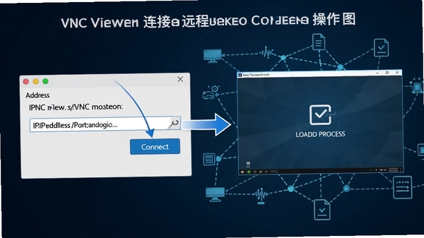 VNC Viewer连接远程桌面的操作示意图,画面展示软件地址栏输入IP地址,点击连接按钮,随后显示远程桌面加载过程,背景为网络连接示意图,突出连接步骤的清晰与便捷