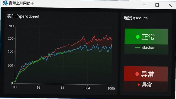 宽带上网助手网络监测功能界面,显示实时网速曲线图与连接状态指示灯,绿色表示正常,红色表示异常,界面采用深色背景,数据可视化清晰,软件名称在界面顶部
