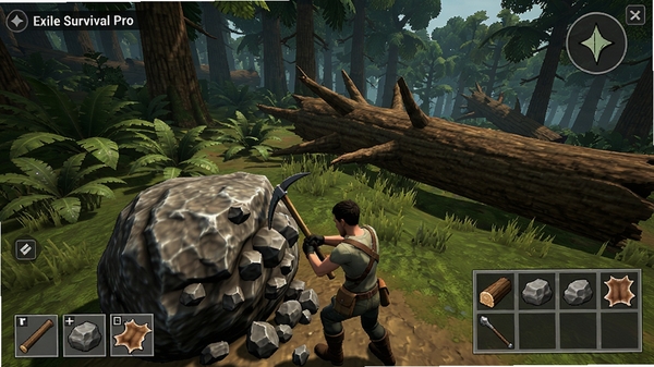 Exile Survival Pro��Ϸ����Դ�ɼ����棬��ɫ�����ͷ���ɿ�ʯ����Χ��ï�ܵĴ��ֺ͵��µ���ľ����Ʒ������ʾľ�ġ�ʯͷ����Ƥ�Ȳ���ͼ�꣬UI������������������дʵ��������Ȼ