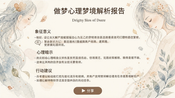 做梦心理梦境解析报告页面,展示丰富的文字解析内容,包含象征意义、心理暗示和行动建议,背景是淡雅的水彩插画,报告底部有分享按钮,整体设计专业而温馨。