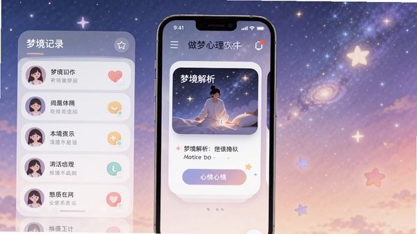 做梦心理软件主界面,展示梦境记录列表与心情图标,背景是柔和的星空渐变,手机屏幕中央有梦境解析卡片,整体风格温馨治愈,细节丰富,适合AI生成。