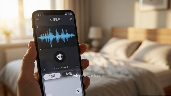 做梦心理梦境记录界面,用户正在用语音输入描述梦境,界面下方有分类标签如“飞翔”、“坠落”,背景是模糊的卧室清晨光线,手机屏幕显示波形图与文字转换,画面真实感强。