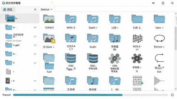四方软件文件管理界面预览,展示图片、文档、音频等文件夹,文件列表清晰,底部有传输进度条,背景为白色,图标为扁平化风格