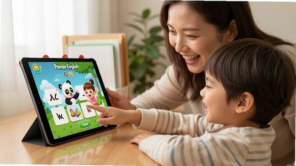 一位家长和孩子一起坐在书桌前,平板电脑上显示Panda English的亲子互动游戏界面,孩子开心地指着屏幕上的单词卡片,家长微笑着鼓励,整体场景温馨明亮,突出亲子共学的快乐氛围