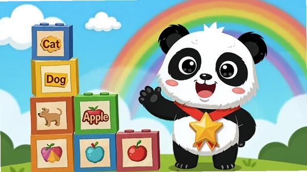一只可爱的熊猫卡通形象手持金色星星勋章,站在由字母积木搭建的关卡阶梯上,阶梯每层标注着不同单词如Cat、Dog、Apple,背景是蓝天白云和彩虹,画面充满童趣与成就感,体现Panda English闯关学习的乐趣