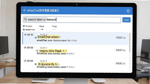 eMailChat软件搜索功能演示,搜索框内输入关键词后,下方以列表形式展示邮件和聊天记录中的匹配结果,结果按时间排序并高亮显示关键词,界面整洁有序