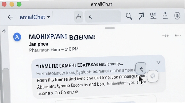 eMailChat软件界面特写,显示一封邮件在聊天窗口中被引用的画面,光标停留在引用按钮上,界面清晰显示邮件主题、发件人及摘要信息,整体风格清爽专业