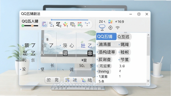 QQ五笔输入法主界面预览图,展示简洁的输入状态栏与候选词窗口,背景为干净的桌面环境,整体色调清新柔和,突出软件名称与品牌标识,画面比例为16:9,高清细节。