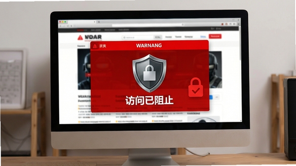 反黄之盾网址拦截功能示意图,电脑屏幕上显示红色警告页面,盾牌图标与“访问已阻止”字样,背景为模糊的网页界面,强调拦截效果的即时性与视觉冲击力