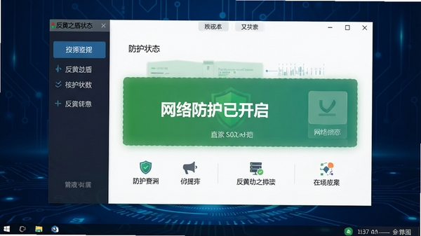 反黄之盾主界面截图,展示软件核心功能布局与简洁的防护状态面板,背景为深蓝色科技感桌面,界面中央显示“网络防护已开启”状态,整体风格专业清晰