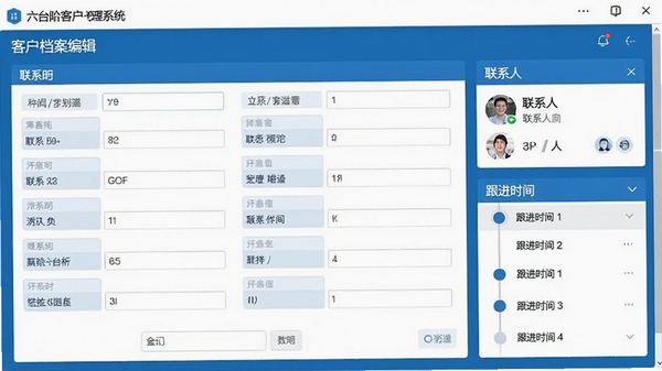 六台阶客户管理系统客户档案编辑页面,右侧显示联系人卡片与跟进时间轴,界面配色以蓝白为主,数据字段排列整齐,配图风格写实清晰