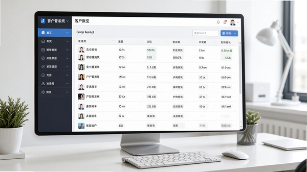 六台阶客户管理系统主界面概览,展示左侧功能导航栏与中央客户列表数据表格,背景为干净的办公桌面环境,整体风格清爽专业,商务感强