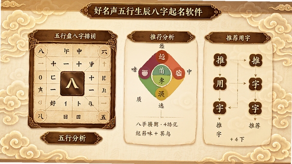 好名声五行生辰八字起名软件主界面预览,展示八字排盘、五行分析、推荐用字等核心功能模块,界面风格古朴典雅,背景有淡淡的祥云纹饰,整体色调温暖柔和,细节精致。