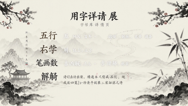 汉字用字库详情页展示,列出汉字的五行属性、笔画数、吉凶解释及诗词出处,界面配有水墨风格的装饰图案,字体清晰,布局规整。