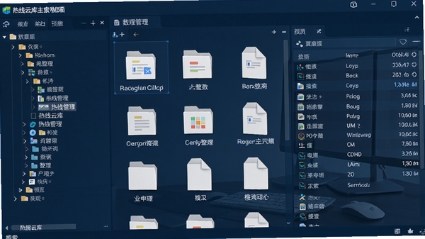 热线云库主界面预览图,一款运行在Windows电脑上的数据管理软件,界面采用深蓝色现代风格,左侧是清晰的分类树状目录,右侧展示文件缩略图与详细信息列表,背景为干净的深色工作台,整体画面明亮清晰,突出软件的整理与搜索功能,风格写实,细节丰富