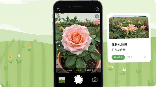 花乡花应用主界面预览图,画面中央展示花卉识别相机对准一盆盛开的月季花,背景为简洁的浅绿色田园风格,界面清晰显示识别结果卡片,整体风格明亮自然,突出软件核心功能。