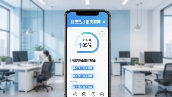 新密迅才招聘网智能匹配功能示意,一个手机屏幕展示匹配推荐结果,带有匹配度百分比和推荐理由标签,背景为办公场景,色调以浅蓝和白色为主,画面简洁专业