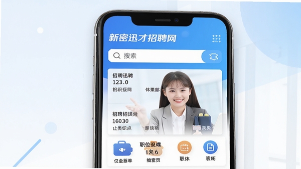 新密迅才招聘网主界面预览图,手机屏幕显示招聘列表、搜索框和职位分类图标,背景为现代简约的蓝白渐变风格,人物形象为一个微笑的年轻求职者,画面清晰,色彩明亮