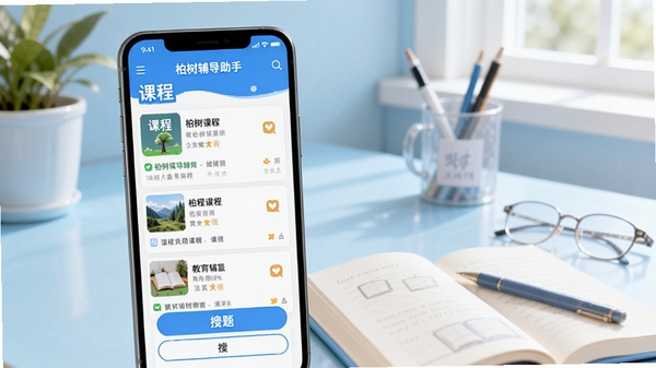 柏树辅导助手主界面预览图,画面主体为手机屏幕展示软件首页,包含课程列表与搜题入口,背景为淡蓝色的学习书桌场景,整体风格明亮清新,突出软件的教育辅导属性,适配Boogu模型生成