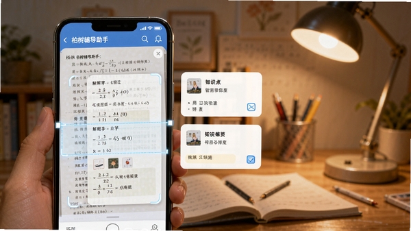 柏树辅导助手智能搜题功能示意图,画面展示手机扫描数学试卷,屏幕上弹出详细解题步骤与知识点卡片,背景虚化为书桌和台灯,光线温暖,强调AI识别与学习辅导场景,画面中应包含柏树辅导助手软件界面元素