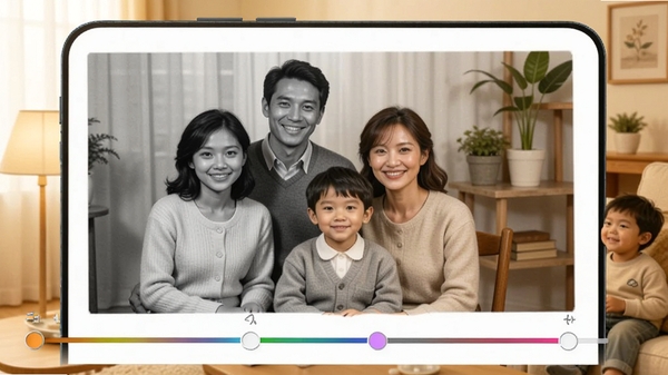 手机相册照片修复上色功能演示,一张黑白全家福照片在软件中逐渐变为彩色,人物衣着和背景颜色自然还原,界面显示色彩调整滑块,背景为暖色调家庭场景,画面温馨明亮