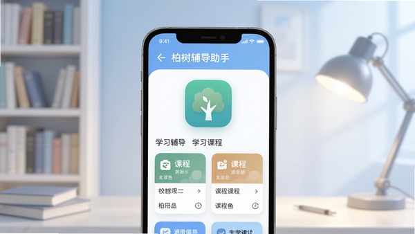 柏树辅导助手主界面预览图,展示手机屏幕上的学习辅导功能列表与课程卡片,背景为淡蓝色渐变书房场景,整体色调柔和,画面中心为应用图标与功能模块,前景细节清晰,适配Boogu模型生成