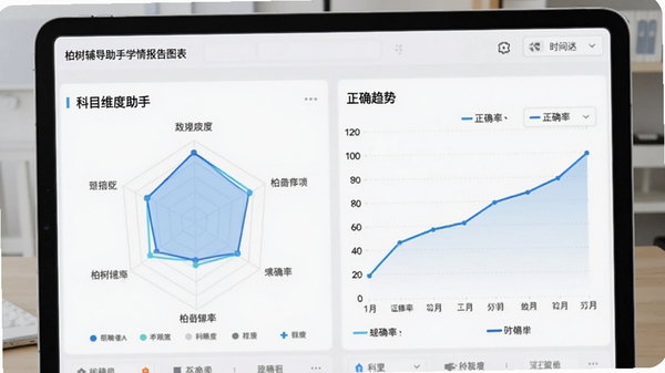 柏树辅导助手学情报告图表预览图,界面展示雷达图与正确率折线趋势,背景为浅灰色数据面板与桌面平板设备,色彩以蓝白为主,突出数据可视化与清晰度,细节包含科目维度和时间筛选器