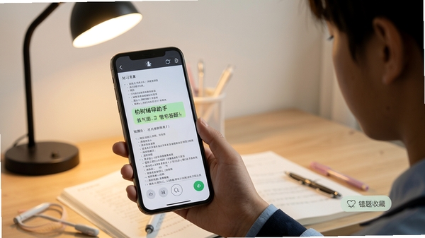 柏树辅导助手智能答疑功能使用场景图,学生手持手机拍摄练习册题目,屏幕上高亮显示识别结果与解析步骤,背景为整洁的书桌与台灯,画面突出识别精准度与界面清爽感,细节包括知识点标签与错题收藏按钮