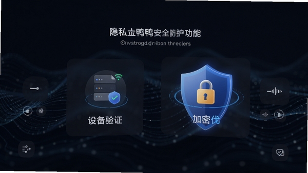 手机投屏鸭安全防护功能界面,展示设备验证和加密锁图标,背景为深色科技感波纹,强调隐私安全,风格现代简约,突出安全盾牌元素。