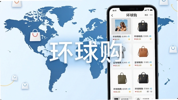 环球购手机应用主界面预览图,展示全球精选商品瀑布流,背景为世界地图轮廓与购物袋图标,整体风格明亮现代,商品图片清晰,界面布局简洁,突出APP名称“环球购”字样,适配Boogu模型生成