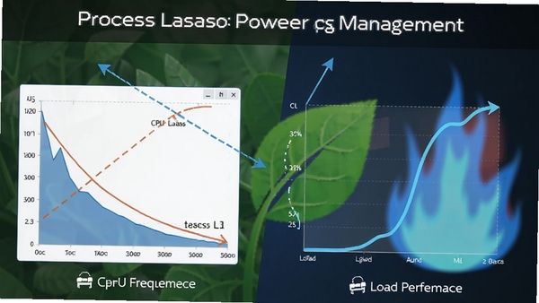 一张表现Process Lasso电源管理功能的图片,左侧是系统空闲时CPU频率降低的图表,右侧是负载增加时频率提升的动画,背景有绿色节能树叶和蓝色性能火焰的对比元素,画面分为上下两个清晰区域,风格简洁直观。