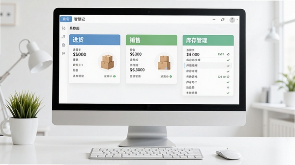 智慧记软件主界面预览图,展示清晰的进货、销售、库存管理功能模块,背景为整洁的电脑桌面,整体风格明亮简洁,突出软件易用性