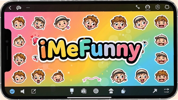 iMeFunny 应用主界面,展示丰富的趣味贴纸素材库和编辑工具栏,背景为明亮活泼的渐变色,中心位置突出显示应用名称iMeFunny,整体风格卡通可爱,色彩鲜艳,吸引眼球。