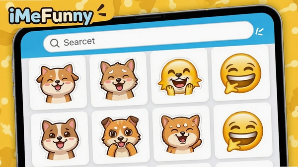 iMeFunny 贴纸库预览图,屏幕上展示多款搞笑动物贴纸和流行表情包贴纸,界面网格布局,顶部有搜索栏,整体风格明亮活泼,突出iMeFunny品牌名称。