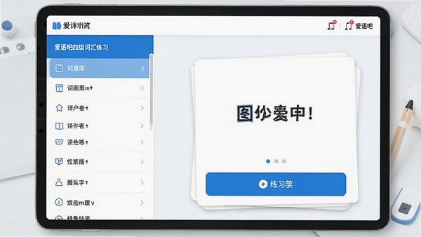 爱语吧四级词汇练习主界面预览图,展示清爽的蓝白配色学习界面,左侧为词库列表,右侧为单词卡片与练习按钮,整体风格简洁现代,突出软件的学习功能属性