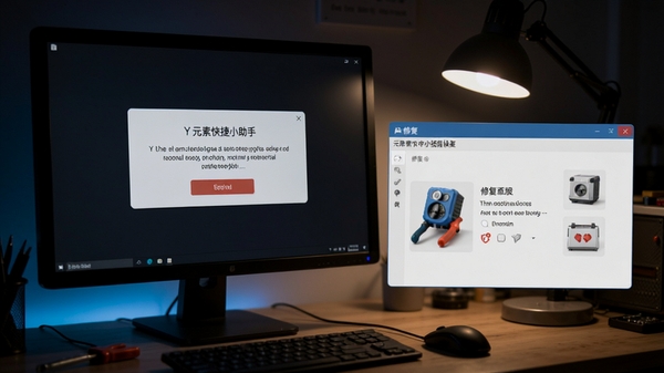 Y元素快捷小助手报错修复场景,电脑屏幕显示错误对话框,旁边有修复工具界面,背景为工作台,整体色调偏暗