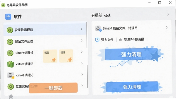 奇异果软件助手卸载清理功能界面,展示软件列表和残留文件扫描结果,界面包含“一键卸载”“强力清理”按钮,视觉风格干净利落,突出清理前后的对比效果,背景为淡灰色,符合工具类软件截图风格