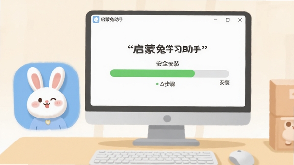 电脑屏幕上显示安装进度条的截图风格插画,旁边有卡通兔子图标,背景是干净的桌面环境,画面强调安装步骤的清晰与安全,色调柔和,带有“启蒙兔学习助手”安装界面字样