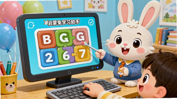 卡通兔子老师正在电脑前展示一个拼图游戏,屏幕上出现字母和数字的方块,孩子的手在键盘上操作,画面充满童趣,背景是彩色气球和书本,整体色调活泼明亮,突出互动学习的快乐氛围,带有“启蒙兔学习助手”标识