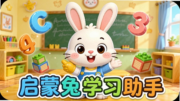 一幅明亮的儿童教育场景插画,画面中央是卡通兔子老师形象,周围漂浮着字母、数字和积木元素,背景是温馨的教室,整体色彩鲜艳明快,风格可爱,适合儿童启蒙教育软件的主视觉图,图片中带有“启蒙兔学习助手”字样