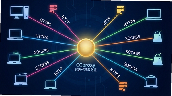 一张抽象风格的网络数据流示意图,画面以深蓝色为背景,中央有一个发光的金色数据节点,代表CCproxy(遥志代理服务器)。多条不同颜色的光线从节点向四周散射,每条光线旁用简洁的图标标注着HTTP、HTTPS、SOCKS5等协议名称,光线最终连接到代表不同终端设备的图标上,如台式机、笔记本电脑等。整体画面科技感强,色彩对比鲜明,直观地展示了软件多协议同时处理的能力。