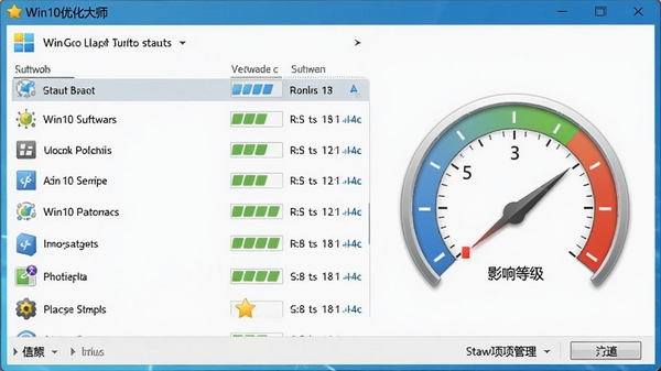Win10优化大师启动项管理界面,列出各个开机启动软件及其影响等级,配以速度仪表盘图标,界面清晰易懂