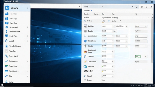 Win10优化大师主界面截图,展示清爽的工具分类布局,左侧功能列表,右侧详细设置面板,整体风格现代简约,蓝色科技感背景,高清,细节丰富