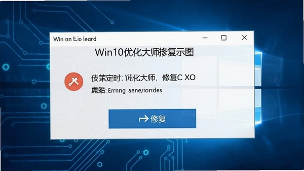 Win10优化大师报错修复示意图,显示错误代码与修复按钮,背景为科技感蓝色,简洁明了