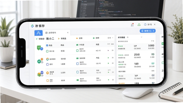 胜小二进销存软件主界面预览图,手机屏幕显示进销存管理面板,背景为整洁的办公桌面,商品列表和库存数据清晰可见,色调明亮,现代简约风格