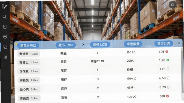 胜小二进销存商品管理界面截图,显示商品列表、库存数量和价格信息,背景为仓库货架,商品分类标签清晰,界面简洁直观