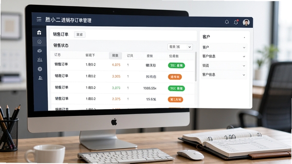 胜小二进销存订单管理界面,显示销售订单列表和客户信息,背景为办公桌上的电脑和账本,订单状态标签醒目,界面风格商务大气